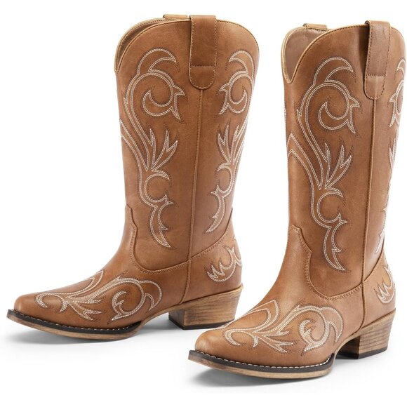 Dream Pairs Women's Tan Mid Calf Cowgirl Boots Square Toe Chunky Heel Shoes - Picture 3 of 8